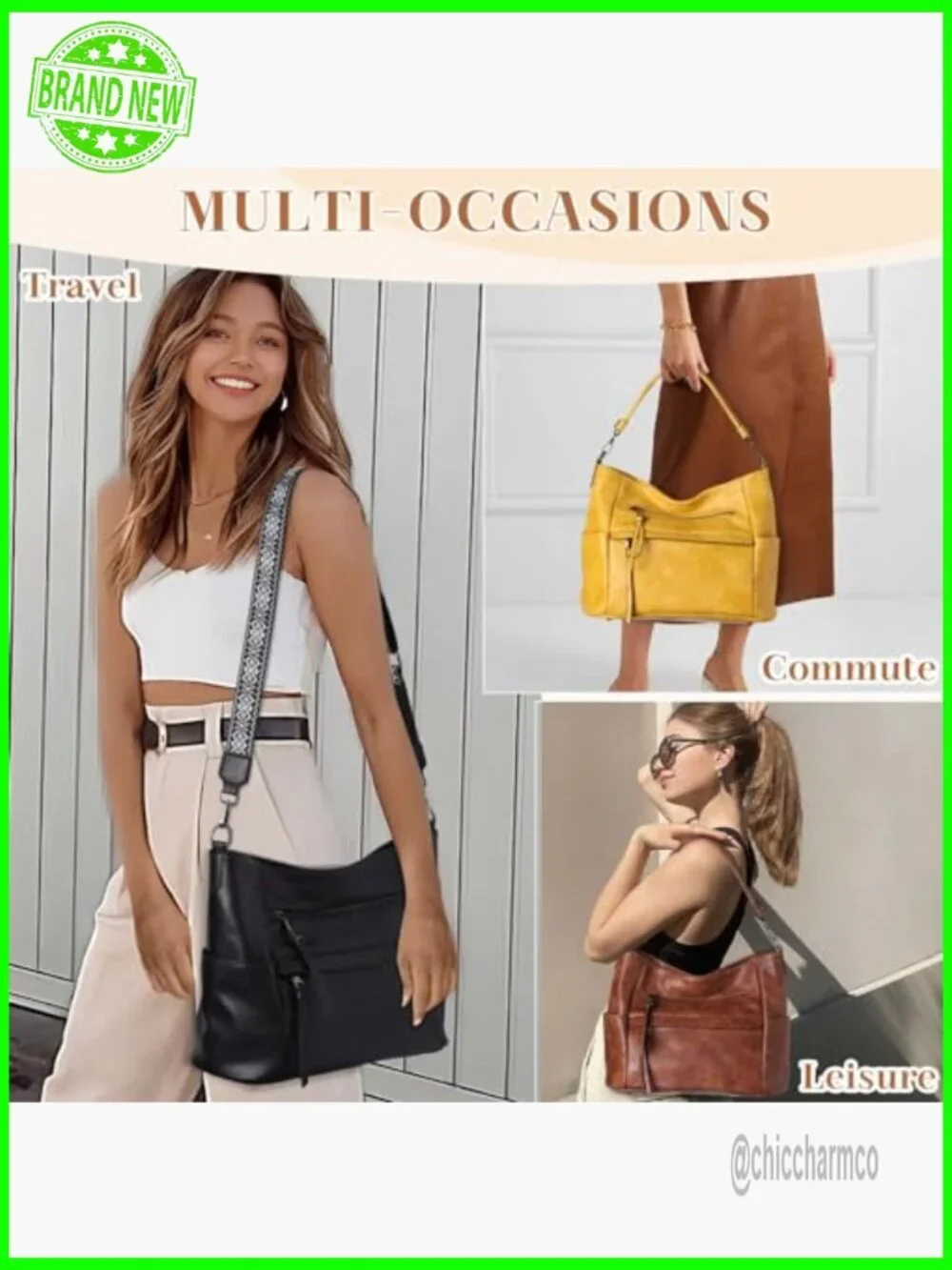 Medium Vegan Leather Hobo Bag with Wallet Set and Guitar Strap